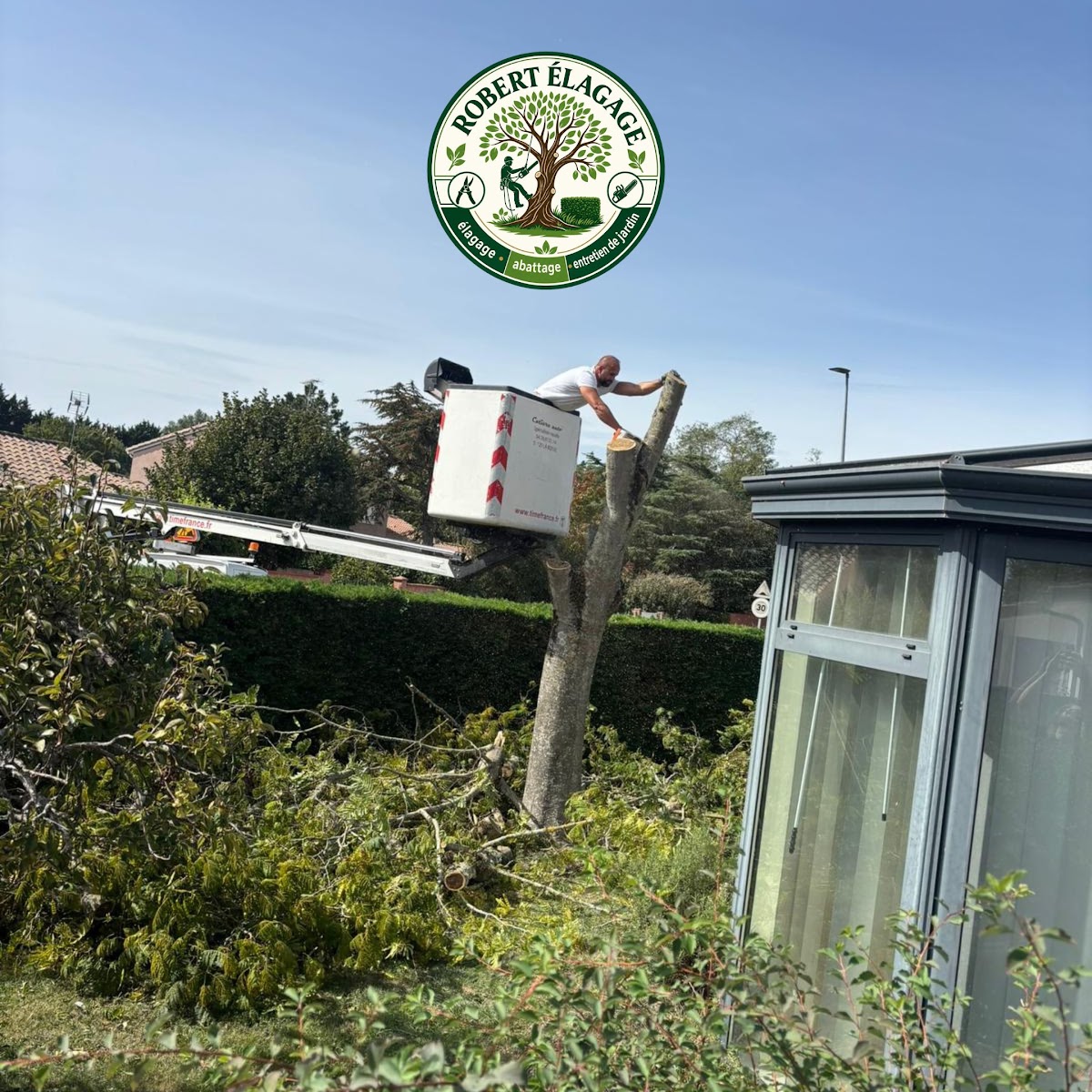 Élagueur intervenant sur un arbre dans un jardin toulousain